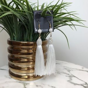 ‼️ White Thread Tassel Drop Earrings Rhinestones